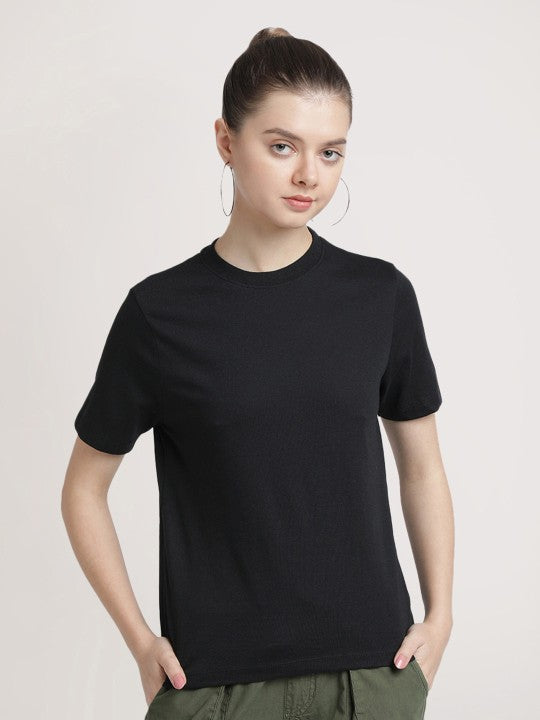 Women Black Melange Slim Fit Solid Sustainable T-Shirt