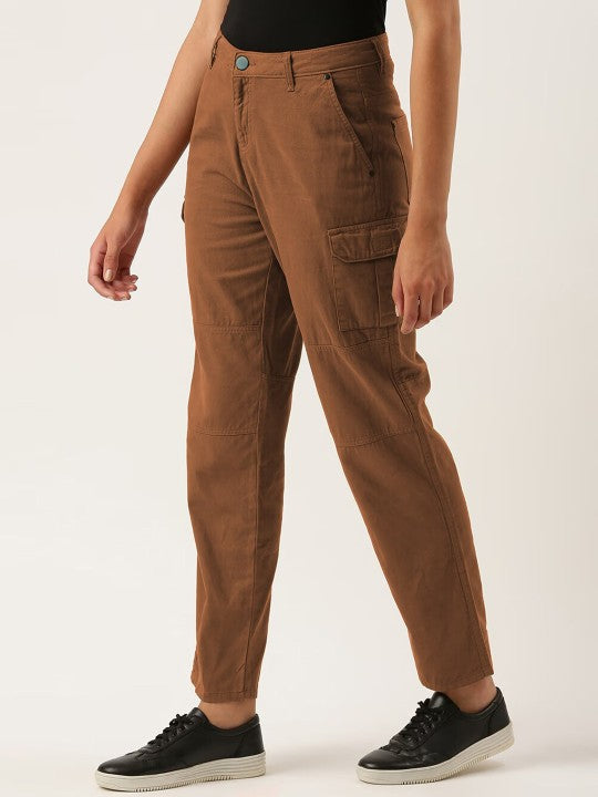 Women Brown Overdyed Slim Fit Solid Cargo Trousers