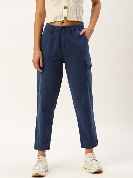 Women Insignia Blue Regular Fit Solid Cargo Trousers