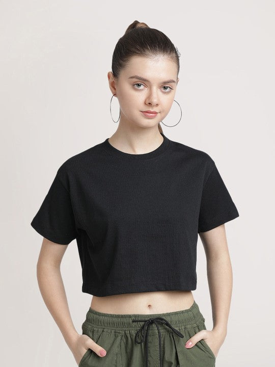 Women Black Cropped Solid Sustainable Tee