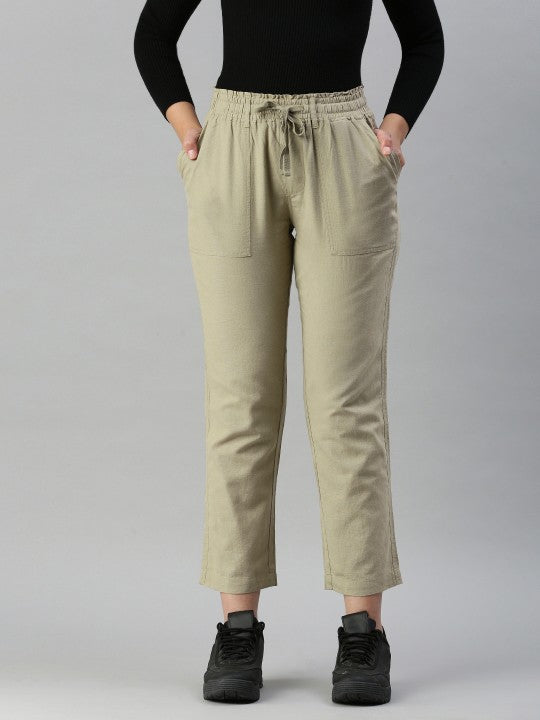 Women Moss Olive Regular Fit Solid Casual Trousers