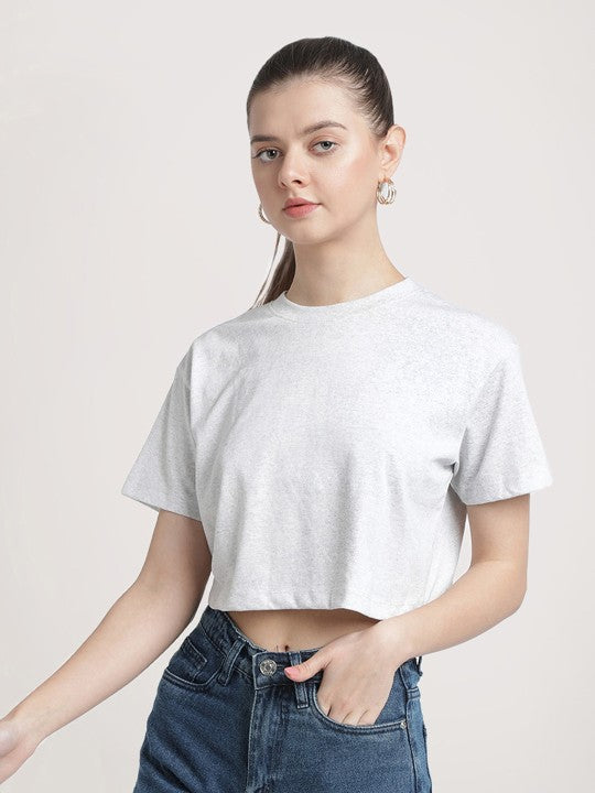 Women White Melange Cropped Solid Sustainable Tee