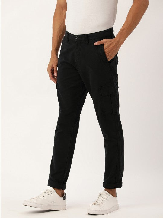 Men Black Slim Fit Solid Cargo Trouser