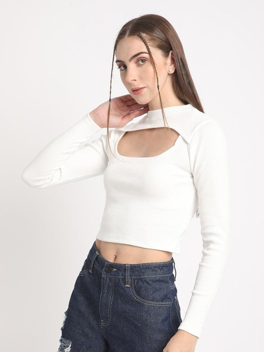 Women Solid Ribbed top with Front cut out detailing