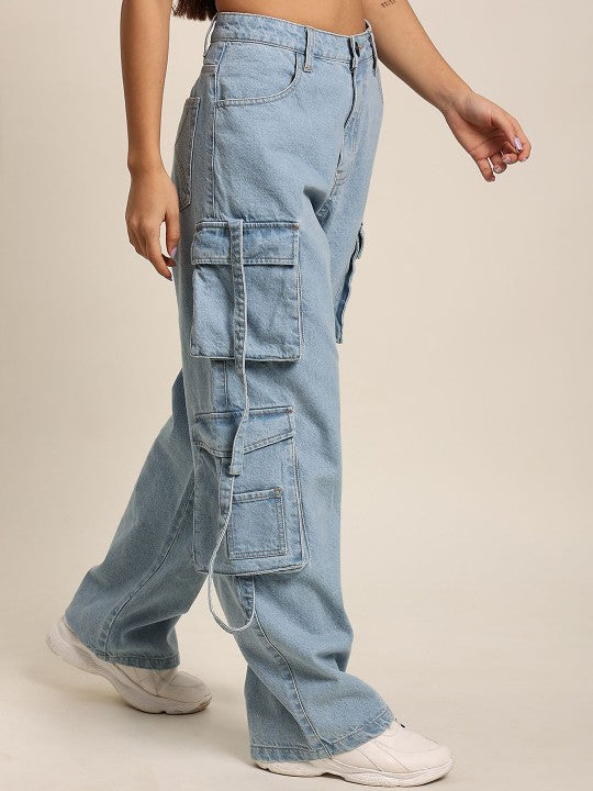 Women Light Blue Baggy-fit Denim Cargo Jeans