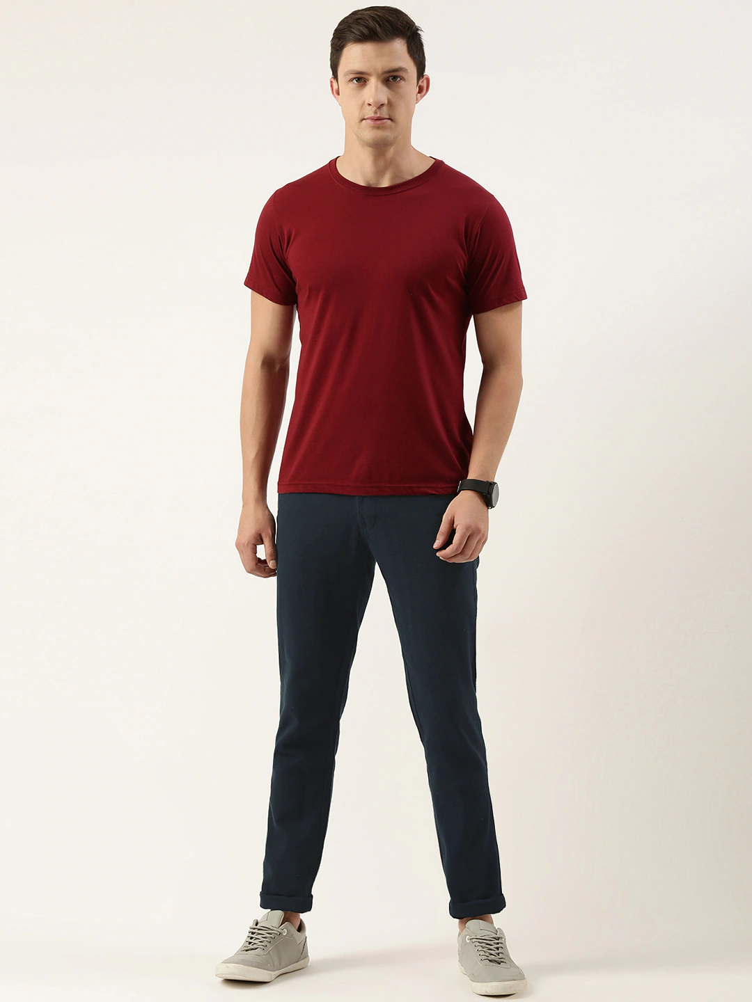 Men Navy Blue Slim Fit Solid Casual Trouser