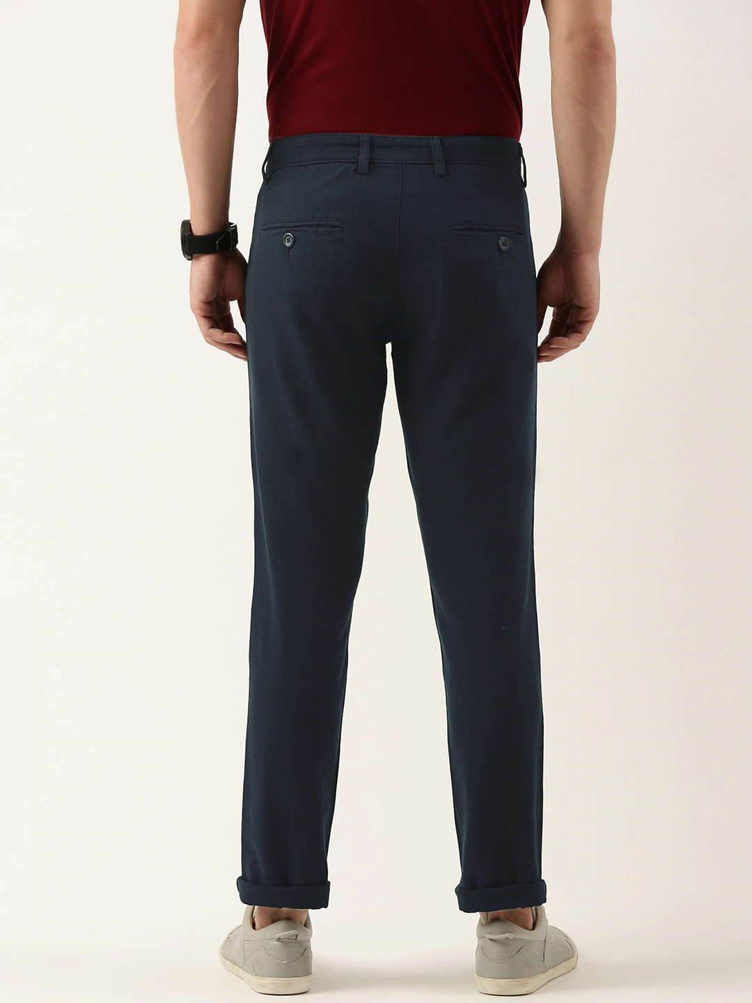 Men Navy Blue Slim Fit Solid Casual Trouser