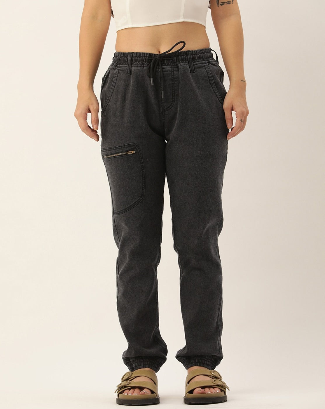 Women Charcoal Grey Regular Fit Solid Jogger Jeans