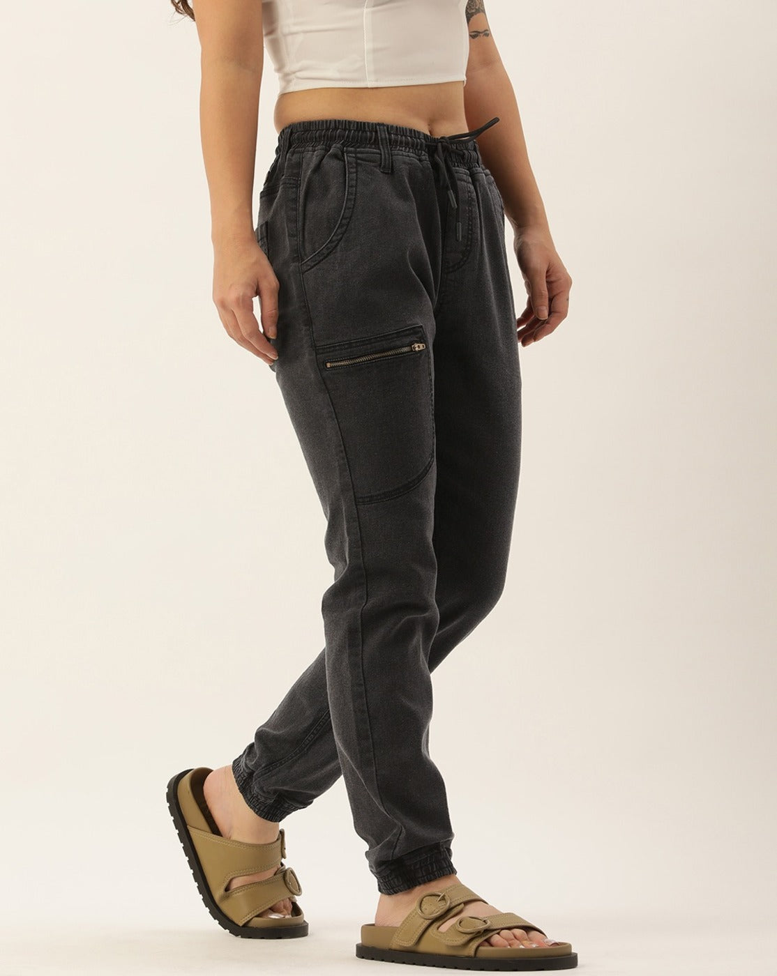 Women Charcoal Grey Regular Fit Solid Jogger Jeans