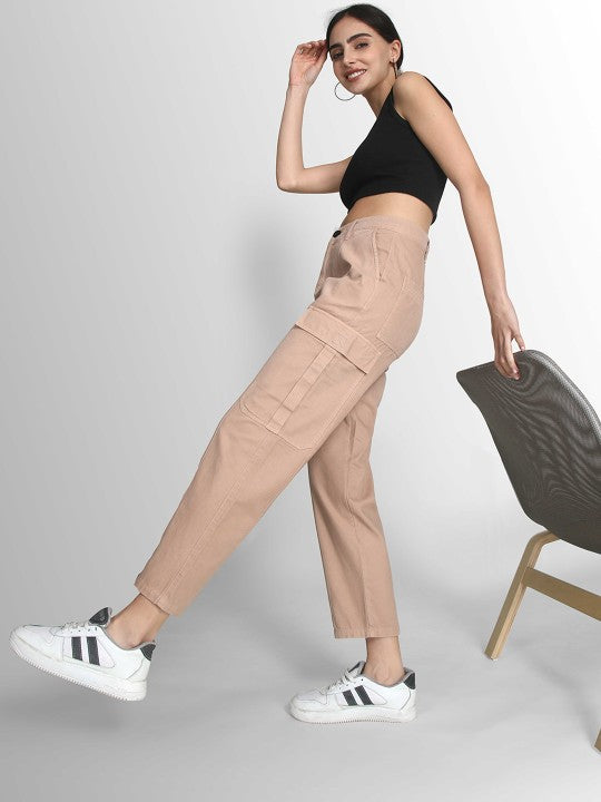 Women Blush Taupe Regular Woven Cargo Trousers