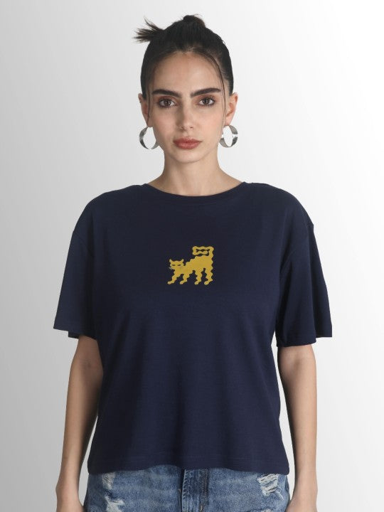 Women Cat Print Boxy Crop T Shirt