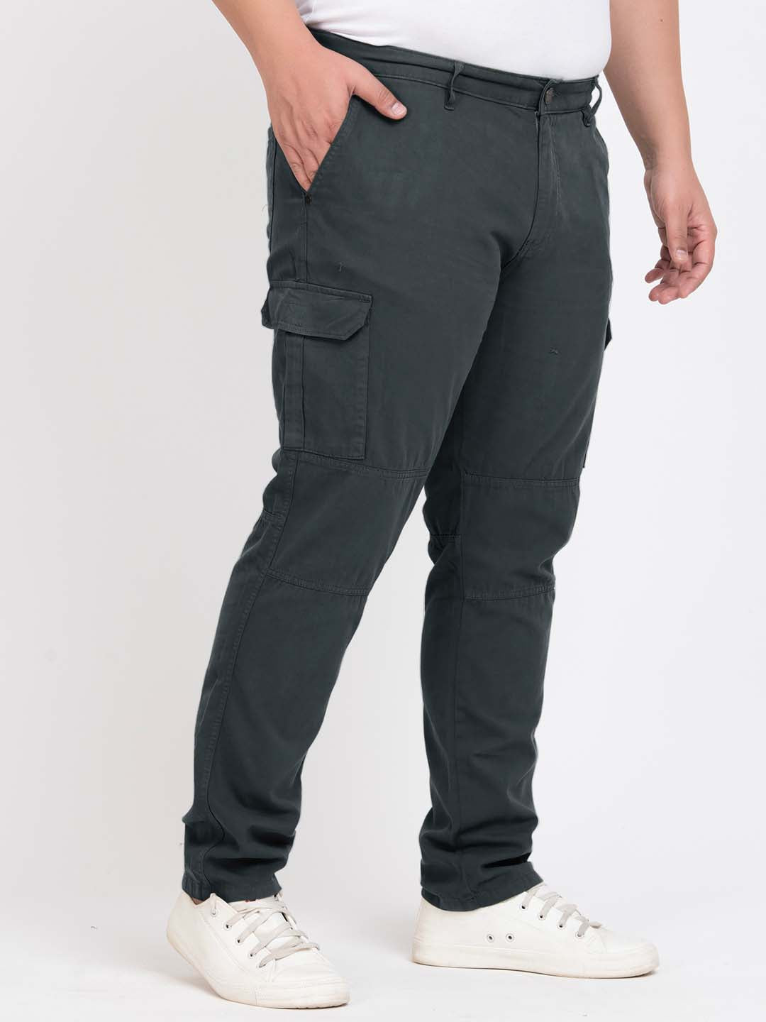 Men Dark Grey Regular Fit Solid Cargo Trouser