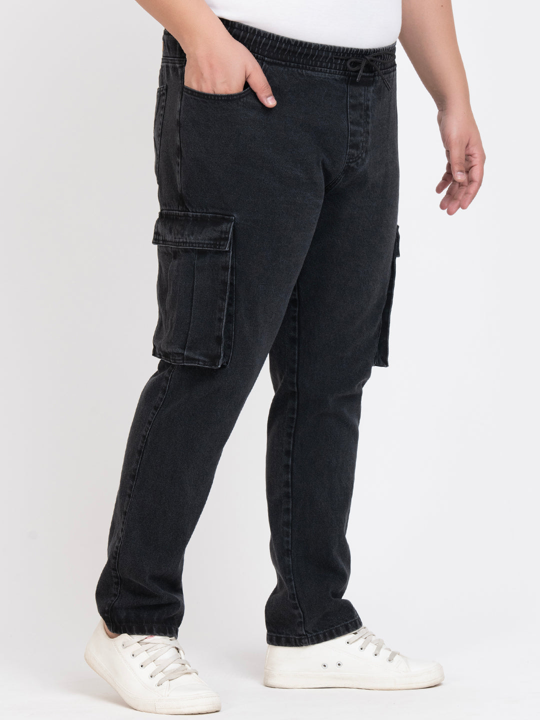 Men Charcoal Grey Regular Fit Solid Cargo Jeans