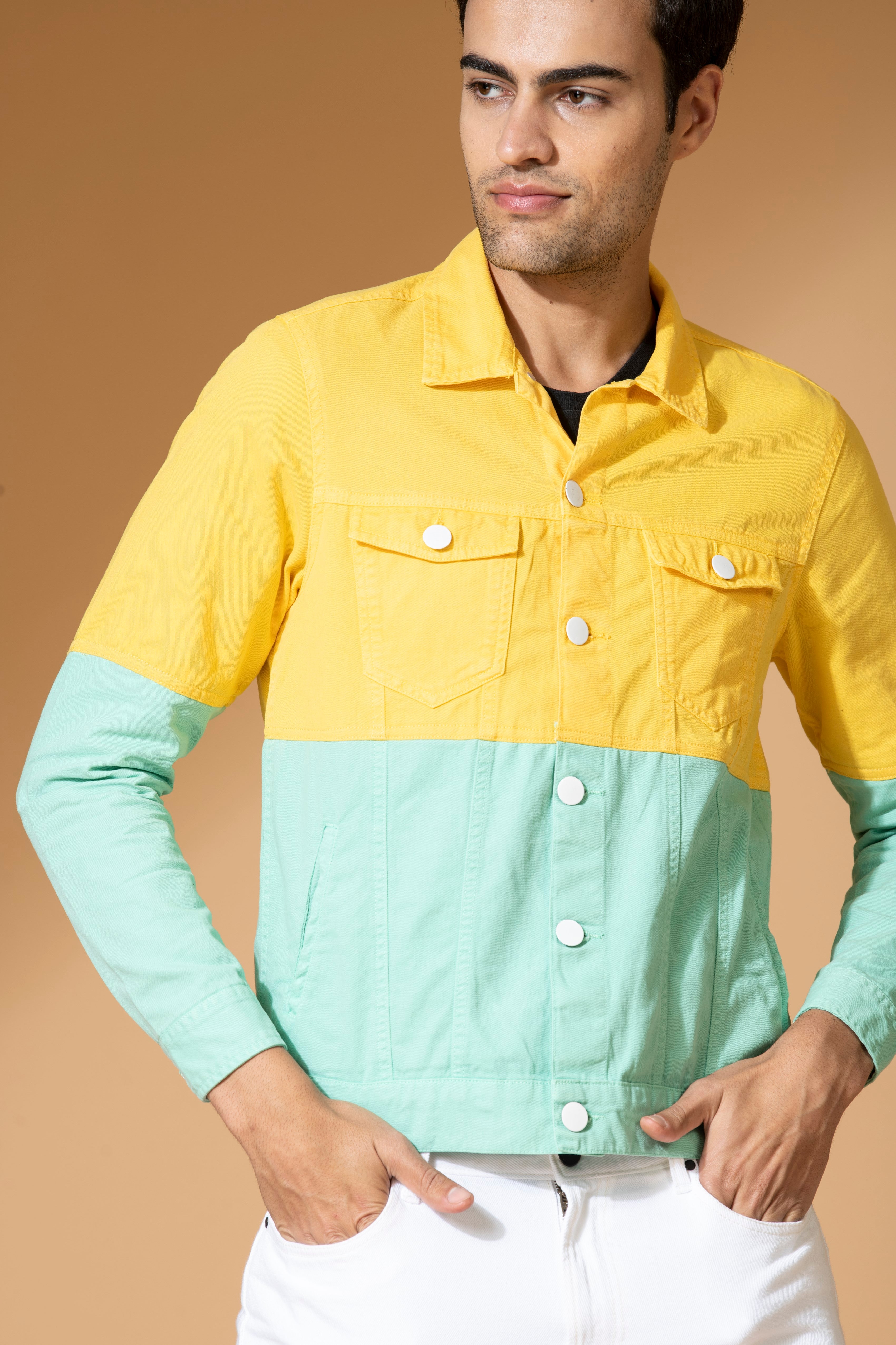 Men Yellow/Mint Slim Fit Colour Block Jacket