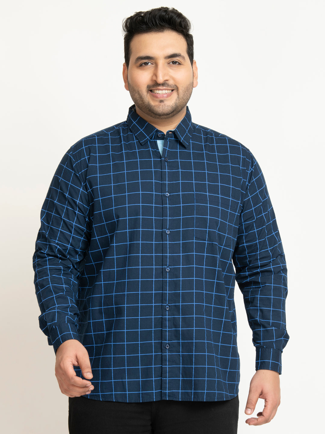 Men Navy Blue Regular Fit Checkered Casual Shirt