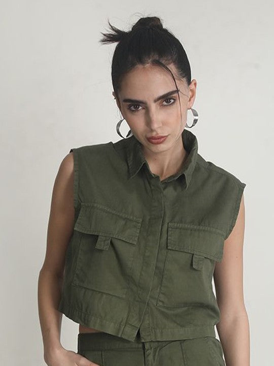 Women Olive Boxy fit Casual Sleeveless Shirt